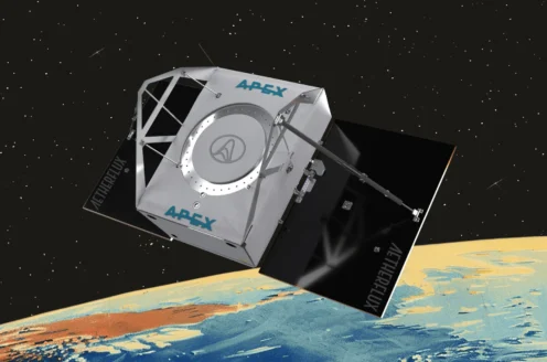 A satellite labeled "AEREX" and "APEXERLUX" orbits above a colorful planet's surface, against a starry space backdrop.
