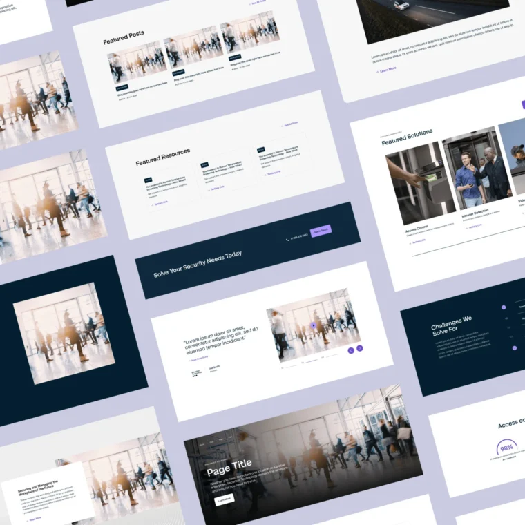 Collage of webpage mockups displaying layouts with images, text blocks, and buttons on a light purple background.